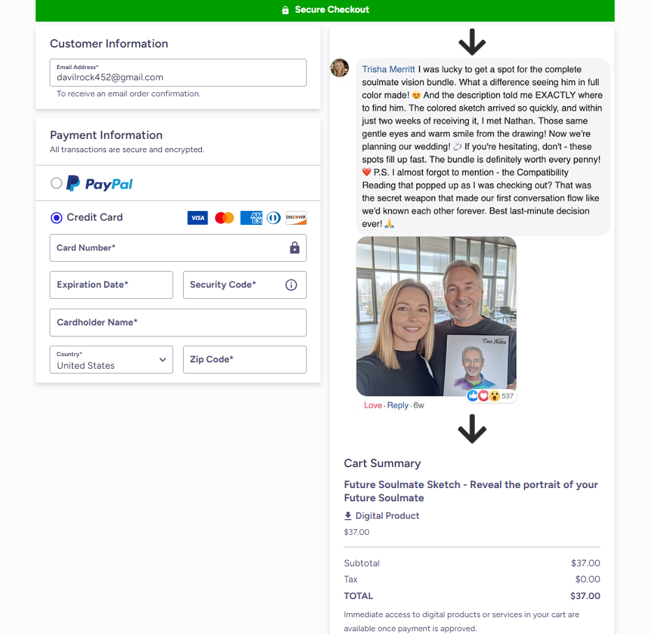 Tina Aldea Soulmate Sketch secure ClickBank checkout page